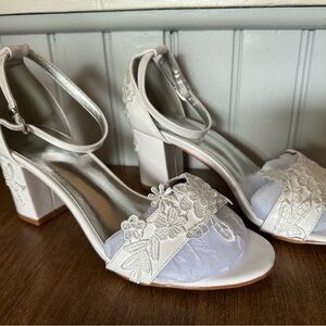 White Lace Block Heel with Ankle Strap Open Toe